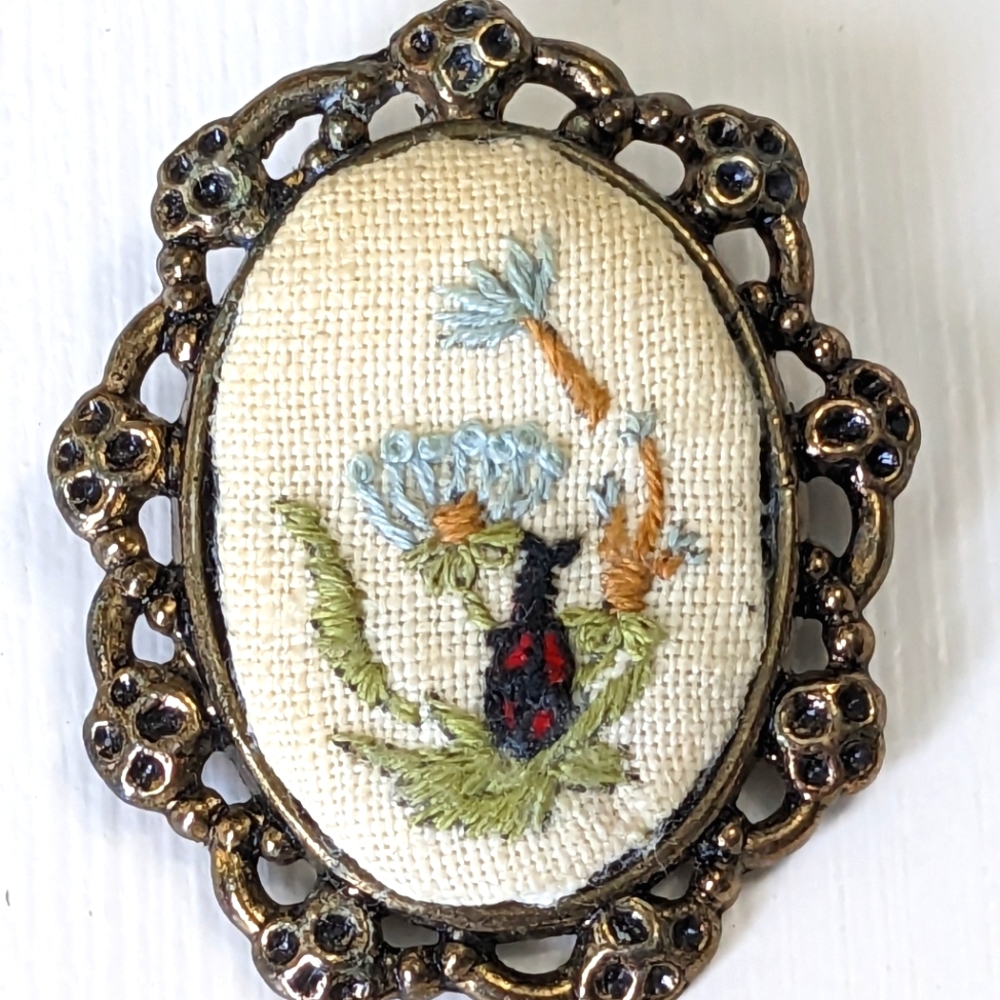 Vintage Handmade Embroidered Lady Bug Brooch Victorian Style Gold Tone